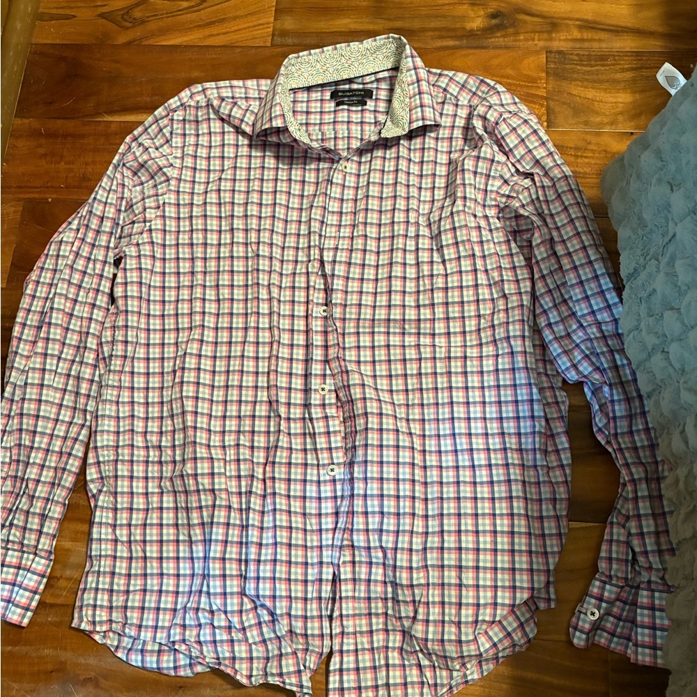 Bugatchi Classic Fit Check Button Down Shirt Mens XL Pink Blue Cotton (0858)